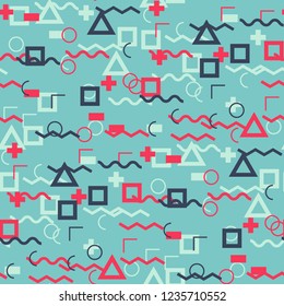 Seamless Memphis Background. Abstract Color Texture with Lines and Geometric Figures for Chintz, Linen, Paper. Vintage Seamless Multicolor Background in Memphis Style for your Design. Vector.
