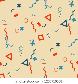 Seamless Memphis Background. Abstract Color Texture with Lines and Geometric Figures for Cotton, Print, Calico. Modern Seamless Multicolor Background in Memphis Style for your Design. Vector.
