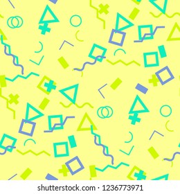 Seamless Memphis Background. Abstract Color Texture with Lines and Geometric Figures for Print, Cloth, Fabric. Vintage Seamless Multicolor Background in Memphis Style for your Design. Vector.
