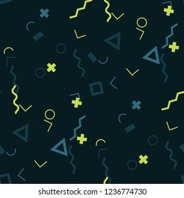 Seamless Memphis Background. Abstract Color Texture with Lines and Geometric Figures for Print, Fabric, Textile. Retro Seamless Multicolor Background in Memphis Style for your Design. Vector.