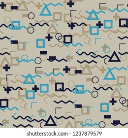 Seamless Memphis Background. Abstract Color Texture with Lines and Geometric Figures for Chintz, Linen, Wallpaper. Trendy Seamless Multicolor Background in Memphis Style for your Design. Vector.