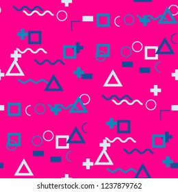 Seamless Memphis Background. Abstract Color Texture with Lines and Geometric Figures for Dress, Paper, Tablecloth. Retro Seamless Multicolor Background in Memphis Style for your Design. Vector.