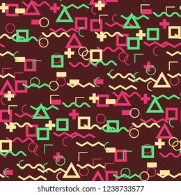 Seamless Memphis Background. Abstract Color Texture with Lines and Geometric Figures for Fabric, Cloth, Textile. Trendy Seamless Multicolor Background in Memphis Style for your Design. Vector.