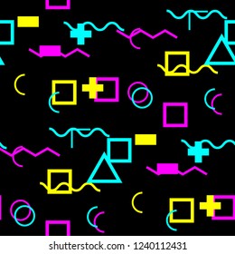 Seamless Memphis Background. Abstract Color Texture with Lines and Geometric Figures for Chintz, Curtain, Paper. Modern Seamless Multicolor Background in Memphis Style for your Design. Vector.