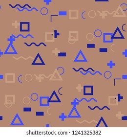 Seamless Memphis Background. Abstract Color Texture with Lines and Geometric Figures for Cotton, Print, Calico. Trendy Seamless Multicolor Background in Memphis Style for your Design. Vector.