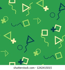 Seamless Memphis Background. Abstract Color Texture with Lines and Geometric Figures for Fabric, Cloth, Textile. Modern Seamless Multicolor Background in Memphis Style for your Design. Vector.