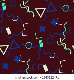 Seamless Memphis Background. Abstract Color Texture with Lines and Geometric Figures for Wallpaper, Print, Textile. Vintage Seamless Multicolor Background in Memphis Style for your Design. Vector.