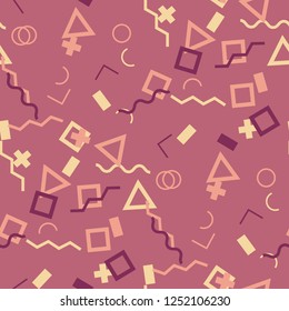 Seamless Memphis Background. Abstract Color Texture with Lines and Geometric Figures for Wallpaper, Print, Textile. Retro Seamless Multicolor Background in Memphis Style for your Design. Vector.
