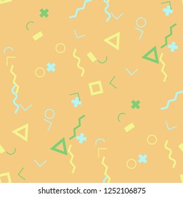 Seamless Memphis Background. Abstract Color Texture with Lines and Geometric Figures for Fabric, Cloth, Textile. Retro Seamless Multicolor Background in Memphis Style for your Design. Vector.