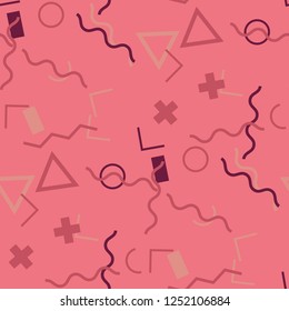 Seamless Memphis Background. Abstract Color Texture with Lines and Geometric Figures for Dress, Paper, Tablecloth. Retro Seamless Multicolor Background in Memphis Style for your Design. Vector.