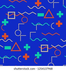Seamless Memphis Background. Abstract Color Texture with Lines and Geometric Figures for Print, Fabric, Cloth. Vintage Seamless Multicolor Background in Memphis Style for your Design. Vector.