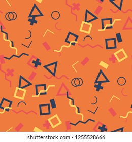 Seamless Memphis Background. Abstract Color Texture with Lines and Geometric Figures for Wallpaper, Fabric, Print. Vintage Seamless Multicolor Background in Memphis Style for your Design. Vector.