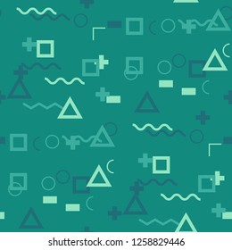 Seamless Memphis Background. Abstract Color Texture with Lines and Geometric Figures for Print, Fabric, Textile.  Vintage Seamless Multicolor Background in Memphis Style for your Design. Vector.