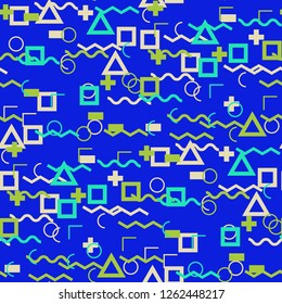 Seamless Memphis Background. Abstract Color Texture with Lines and Geometric Figures for Wallpaper, Fabric, Textile. Modern Seamless Multicolor Background in Memphis Style for your Design. Vector.