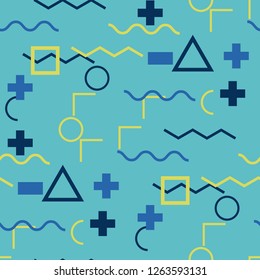 Seamless Memphis Background. Abstract Color Texture with Lines and Geometric Figures for Dress, Paper, Tablecloth. Retro Seamless Multicolor Background in Memphis Style for your Design. Vector.