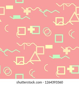 Seamless Memphis Background. Abstract Color Texture with Lines and Geometric Figures for Dress, Paper, Tablecloth. Retro Seamless Multicolor Background in Memphis Style for your Design. Vector.