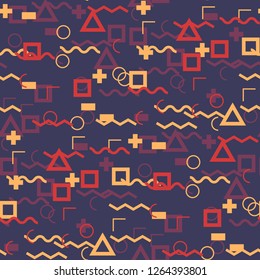 Seamless Memphis Background. Abstract Color Texture with Lines and Geometric Figures for Print, Fabric, Textile. Vintage Seamless Multicolor Background in Memphis Style for your Design. Vector.