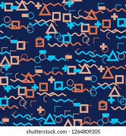Seamless Memphis Background. Abstract Color Texture with Lines and Geometric Figures for Print, Fabric, Cloth. Trendy Seamless Multicolor Background in Memphis Style for your Design. Vector.