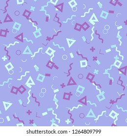 Seamless Memphis Background. Abstract Color Texture with Lines and Geometric Figures for Print, Fabric, Textile. Modern Seamless Multicolor Background in Memphis Style for your Design. Vector.