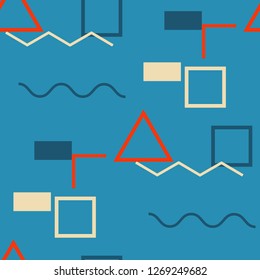 Seamless Memphis Background. Abstract Color Texture with Lines and Geometric Figures for Wallpaper, Fabric, Textile. Retro Seamless Multicolor Background in Memphis Style for your Design. Vector.