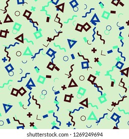 Seamless Memphis Background. Abstract Color Texture with Lines and Geometric Figures for Dress, Curtain, Paper. Trendy Seamless Multicolor Background in Memphis Style for your Design. Vector.