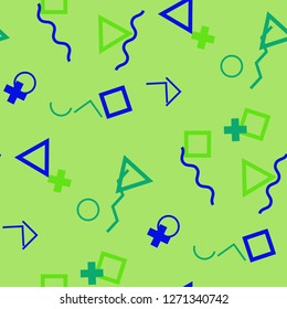 Seamless Memphis Background. Abstract Color Texture with Lines and Geometric Figures for Wallpaper, Fabric, Textile. Retro Seamless Multicolor Background in Memphis Style for your Design. Vector.