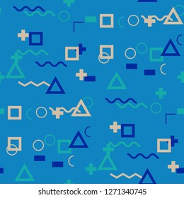 Seamless Memphis Background. Abstract Color Texture with Lines and Geometric Figures for Cotton, Print, Calico. Vintage Seamless Multicolor Background in Memphis Style for your Design. Vector.