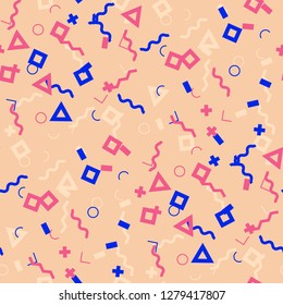 Seamless Memphis Background. Abstract Color Texture with Lines and Geometric Figures for Linen, Paper, Tablecloth. Retro Seamless Multicolor Background in Memphis Style for your Design. Vector.