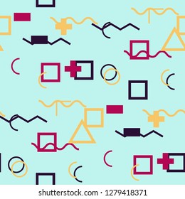 Seamless Memphis Background. Abstract Color Texture with Lines and Geometric Figures for Dress, Curtain, Tablecloth. Vintage Seamless Multicolor Background in Memphis Style for your Design. Vector.