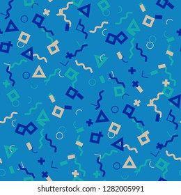 Seamless Memphis Background. Abstract Color Texture with Lines and Geometric Figures for Chintz, Linen, Paper. Vintage Seamless Multicolor Background in Memphis Style for your Design. Vector.