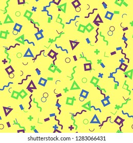 Seamless Memphis Background. Abstract Color Texture with Lines and Geometric Figures for Print, Cloth, Fabric. Vintage Seamless Multicolor Background in Memphis Style for your Design. Vector.