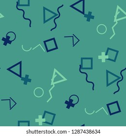 Seamless Memphis Background. Abstract Color Texture with Lines and Geometric Figures for Linen, Paper, Tablecloth. Retro Seamless Multicolor Background in Memphis Style for your Design. Vector.