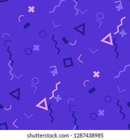 Seamless Memphis Background. Abstract Color Texture with Lines and Geometric Figures for Print, Cloth, Textile. Modern Seamless Multicolor Background in Memphis Style for your Design. Vector.