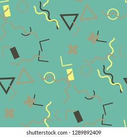 Seamless Memphis Background. Abstract Color Texture with Lines and Geometric Figures for Dress, Curtain, Tablecloth. Modern Seamless Multicolor Background in Memphis Style for your Design. Vector.
