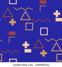 Seamless Memphis Background. Abstract Color Texture with Lines and Geometric Figures for Chintz, Curtain, Paper. Retro Seamless Multicolor Background in Memphis Style for your Design. Vector.