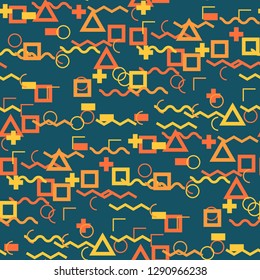 Seamless Memphis Background. Abstract Color Texture with Lines and Geometric Figures for Dress, Curtain, Paper. Modern Seamless Multicolor Background in Memphis Style for your Design. Vector.