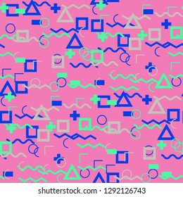 Seamless Memphis Background. Abstract Color Texture with Lines and Geometric Figures for Chintz, Linen, Paper. Vintage Seamless Multicolor Background in Memphis Style for your Design. Vector.