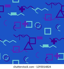 Seamless Memphis Background. Abstract Color Texture with Lines and Geometric Figures for Cotton, Print, Calico. Retro Seamless Multicolor Background in Memphis Style for your Design. Vector.