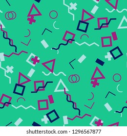 Seamless Memphis Background. Abstract Color Texture with Lines and Geometric Figures for Dress, Curtain, Tablecloth. Trendy Seamless Multicolor Background in Memphis Style for your Design. Vector.