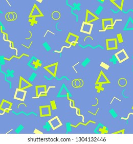 Seamless Memphis Background. Abstract Color Texture with Lines and Geometric Figures for Cotton, Print, Textile. Trendy Seamless Multicolor Background in Memphis Style for your Design. Vector.