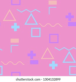 Seamless Memphis Background. Abstract Color Texture with Lines and Geometric Figures for Print, Fabric, Textile.  Trendy Seamless Multicolor Background in Memphis Style for your Design. Vector.