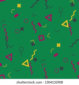 Seamless Memphis Background. Abstract Color Texture with Lines and Geometric Figures for Chintz, Linen, Paper. Retro Seamless Multicolor Background in Memphis Style for your Design. Vector.