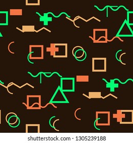 Seamless Memphis Background. Abstract Color Texture with Lines and Geometric Figures for Fabric, Cloth, Textile. Trendy Seamless Multicolor Background in Memphis Style for your Design. Vector.