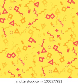Seamless Memphis Background. Abstract Color Texture with Lines and Geometric Figures for Wallpaper, Fabric, Print. Vintage Seamless Multicolor Background in Memphis Style for your Design. Vector.