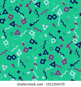 Seamless Memphis Background. Abstract Color Texture with Lines and Geometric Figures for Print, Fabric, Textile. Modern Seamless Multicolor Background in Memphis Style for your Design. Vector.