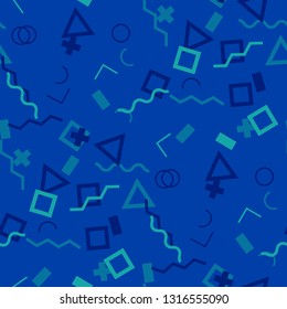 Seamless Memphis Background. Abstract Color Texture with Lines and Geometric Figures for Print, Fabric, Cloth. Retro Seamless Multicolor Background in Memphis Style for your Design. Vector.