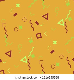 Seamless Memphis Background. Abstract Color Texture with Lines and Geometric Figures for Cotton, Print, Textile. Modern Seamless Multicolor Background in Memphis Style for your Design. Vector.