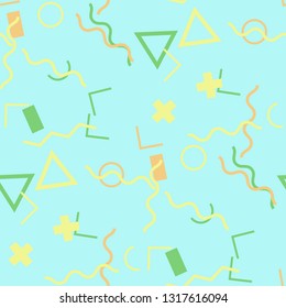 Seamless Memphis Background. Abstract Color Texture with Lines and Geometric Figures for Chintz, Linen, Paper. Modern Seamless Multicolor Background in Memphis Style for your Design. Vector.