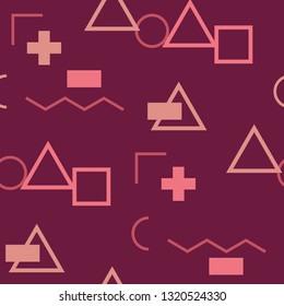 Seamless Memphis Background. Abstract Color Texture with Lines and Geometric Figures for Print, Fabric, Textile.  Retro Seamless Multicolor Background in Memphis Style for your Design. Vector.
