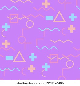Seamless Memphis Background. Abstract Color Texture with Lines and Geometric Figures for Wallpaper, Fabric, Print. Vintage Seamless Multicolor Background in Memphis Style for your Design. Vector.